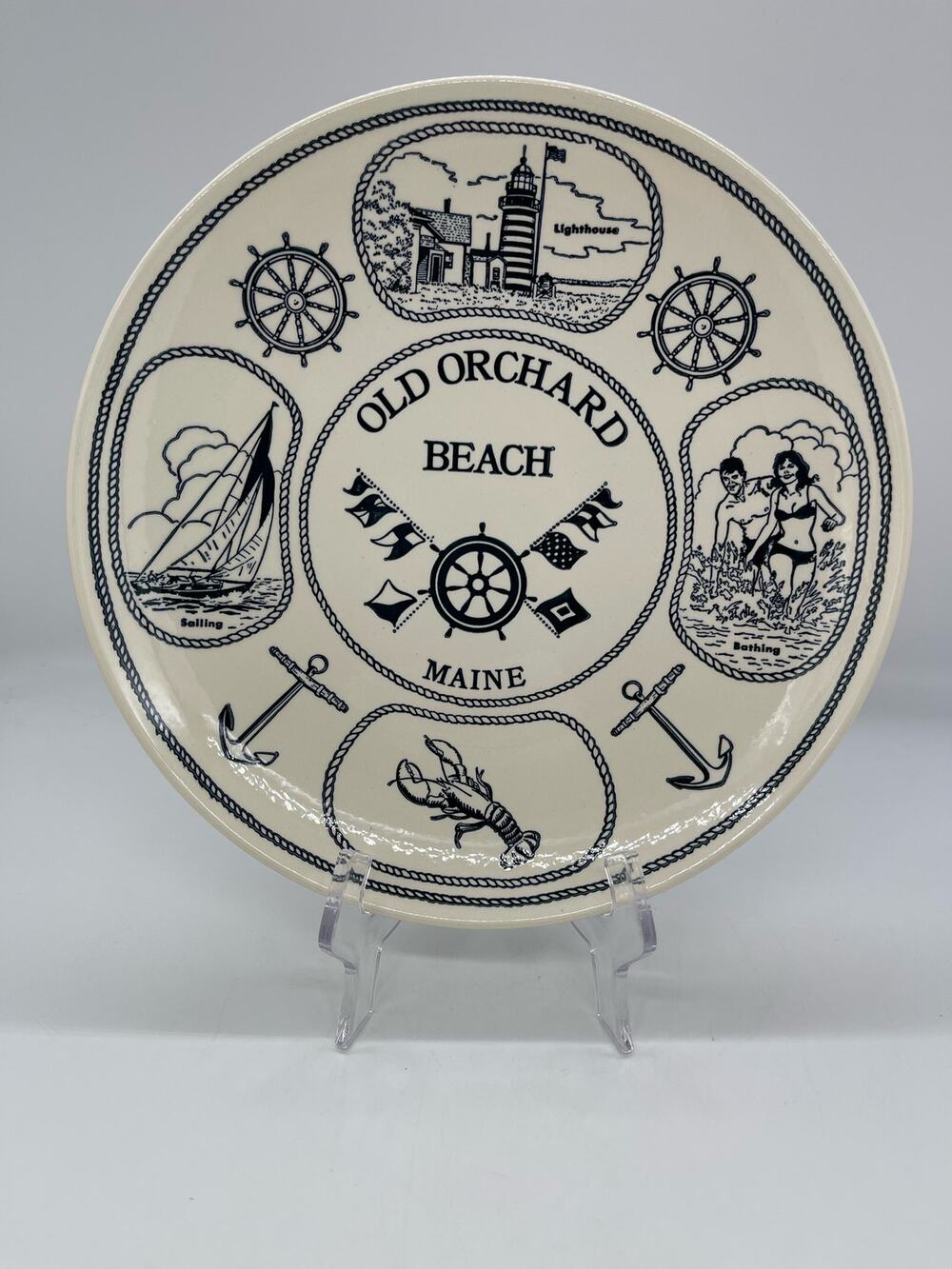 Vintage Old Orchard Beach Maine Souvenir State Plate Lobster Sailing Lighthouse